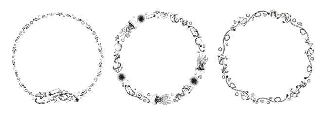 Obraz premium A set of graphic wreaths for International Fishing Day. Illustrations are hand drawn in ink. Designs for postcards and brochures.