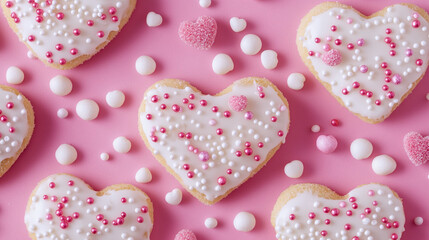 Delicious heart shaped cookies in white color create a sweet heart inspired dessert for a Valentine bakery treat with sprinkles and icing.
