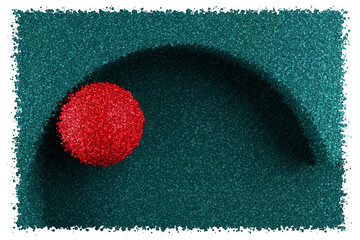 Minimalist 3D Composition Featuring a Red Sphere Resting Inside a Curved Teal Architectural Alcove, Made of Cubes
