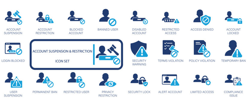 Account suspension and restriction icon set featuring banned user, blocked access, security warning, policy violation, account lock, and login restriction symbols.
