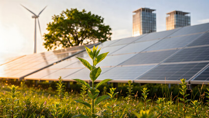 Sustainable energy city with solar panels and wind turbines