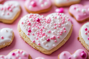 Close up of delicious heart shaped cookies in white color create a sweet heart inspired dessert for a Valentine bakery treat with sprinkles and icing.
