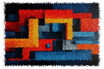 Bold Architectural Abstract Painting With Orange Yellow and Blue Interlocking Rectangular Forms, Made of cubes

