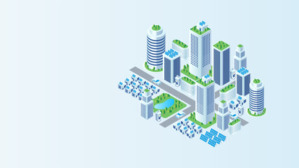 Sustainable smart city with renewable energy solar panels and electric car charging stations. © Naphat