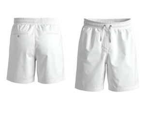Two views of clean, white athletic shorts with drawstring waist