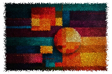 Abstract Geometric Composition With Textured Squares and a Central Circle in Warm Autumn Palettes, Made of cubes
