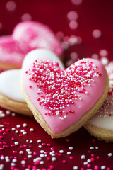 Close up of cookies in pink and white color create a sweet heart inspired dessert perfect for a Valentine bakery treat with sprinkles and icing.