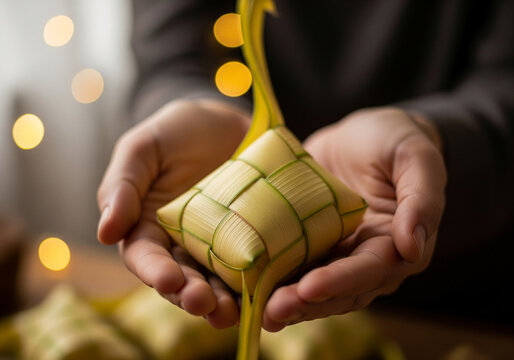 Close Up Hands Holding Traditional Ketupat Rice Cake for Eid Celebration with Bokeh Lights