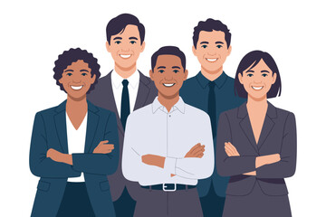 Diverse group of smiling professionals stand together with arms crossed.