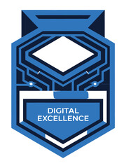 Digital excellence badge features dark blue circuit board patterns for.