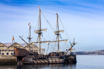 Replica of a 17th century Spanish Galleon Andalucia with three masts and wooden hull in the port of Vigo. Rias Baixas, Galicia, Spain © Nandi Estévez