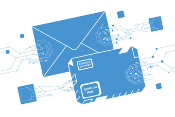 Digital concept illustrates quantum mail and express delivery envelopes.