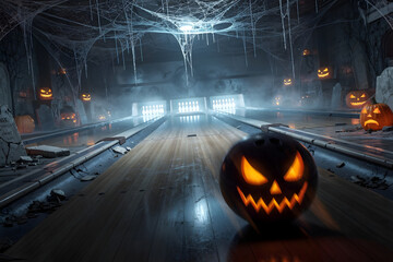 Halloween bowling lane with spooky lighting