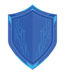 Digital security shield icon features glowing blue circuit board patterns.
