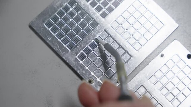 Close-up of precision assembly on metal grid plates with reflective square cavities, as a technician uses a handheld tool to position small components within a micro-scale array