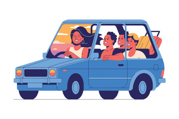 Family enjoys a joyful summer road trip adventure driving a blue hatchback car.
