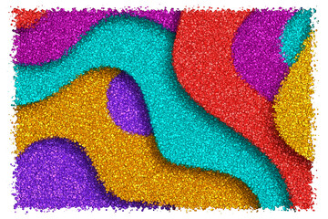 Playful Abstract Composition With Interlocking Wavy Forms in Purple Turquoise Yellow and Coral, Made of cubes
