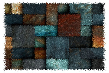 Modern Geometric Mosaic Background Featuring Textured Stone Tiles in Slate Blue Rust and Emerald, Made of cubes

