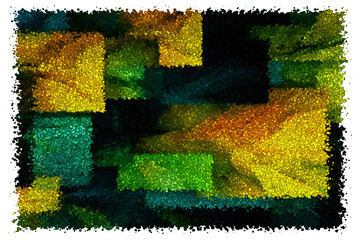 Intricate Abstract Collage of Rectangular Panels With Feathered Textures in Lime Green and Gold, Made of Cubes
