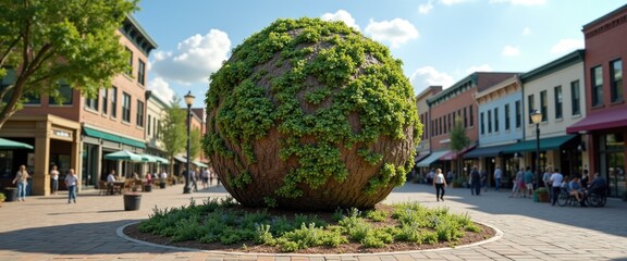 Earth Day celebration with giant seed ball sculpture in town square