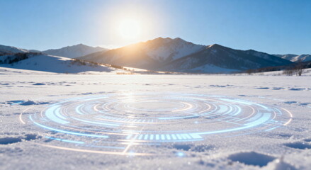 Futuristic Holographic Circles on Snowy Landscape