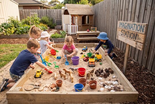 Children playing in sandbox at outdoor play area with toys and imagination station sign