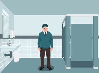 elderly man standing in a clean, institutional public restroom. He wears a blue sweater, tie, and cap, with a concerned expression.