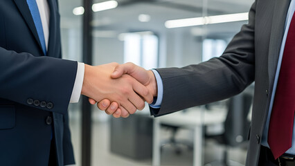 Two businessmen shaking hands in modern office setting