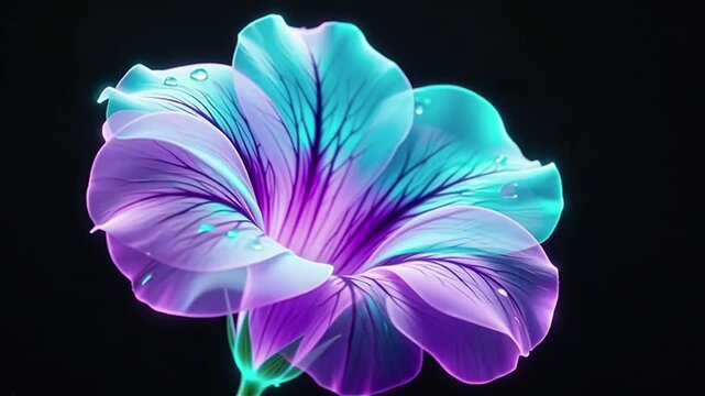 Neon Lisianthus Flower with Lavender Glow on Black Background