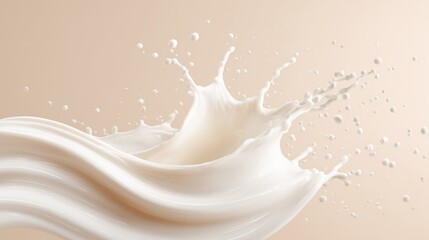 White liquid splash with flowing curves and droplets against a soft beige background creating dynamic movement and texture in a visually engaging composition