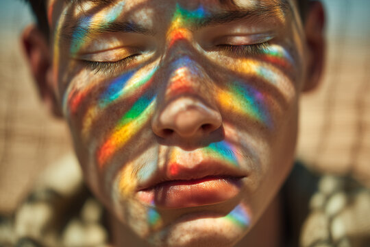 Desert Prism Diffraction Creating Spectral Patches On Closed Eyes And Lips At Noon, 85mm Shade-Scrimmed Field Portrait, Mirage Experiment