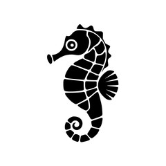 Black seahorse silhouette with white outline on plain background