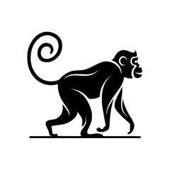 Stunning black monkey silhouette walking on white background
