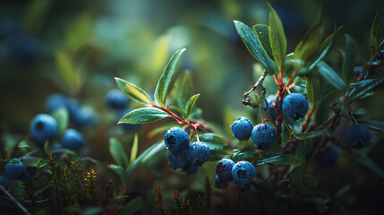 Colorful blueberry plant growing freely in Finnish forest with deep blue fruit and layered leafy branches under cool fresh Nordic woodland light  

