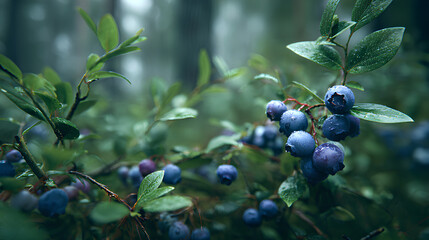 Colorful blueberry plant growing freely in Finnish forest with deep blue fruit and layered leafy branches under cool fresh Nordic woodland light  
