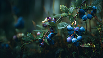 Colorful blueberry plant growing freely in Finnish forest with deep blue fruit and layered leafy branches under cool fresh Nordic woodland light  
