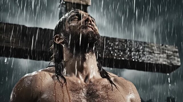 Man depiction as Jesus Christ on cross in the rain. Biblical crucifixion scene. Religious suffering and redemption concept.