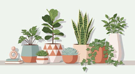 Collection of potted plants and succulents on a shelf with decorative items