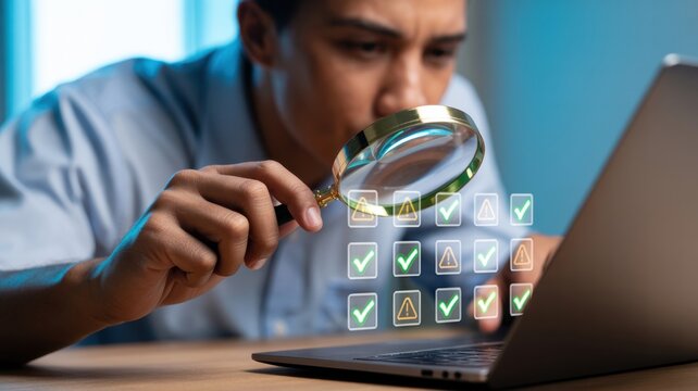 Man meticulously examining digital data and icons on a laptop screen with a magnifying glass - Powered by Adobe