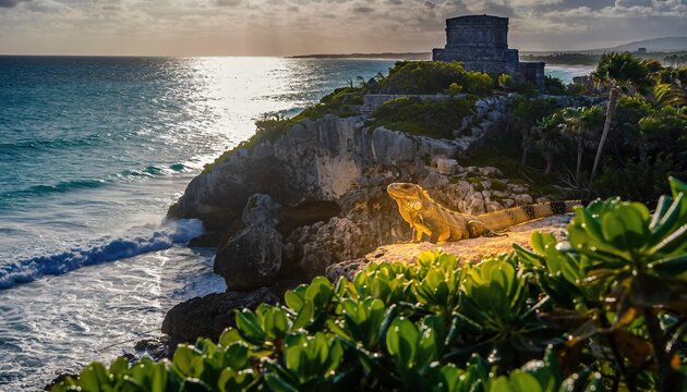 Ancient Mayan Ruins and Iguana at Tulum, Mexico at Sunset.