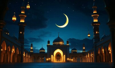 Beautiful Mosque Under Starry Night Sky with Islamic Symbols