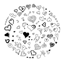 Diverse hand-drawn heart doodles on white background with copyspace, Valentine cards or romantic gift decor