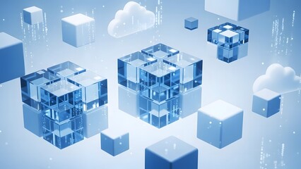 Blue translucent cubes and cloud icons floating in digital space representing cloud computing and data storage systems