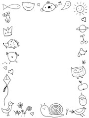 Playful doodle border with smiling animals on white background with copyspace, school or nursery posters