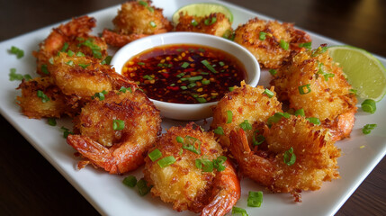 Fried shrimp with dipping sauce and lime wedges.