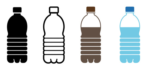 Stylized plastic water bottles in black outline brown and blue liquid fill drink