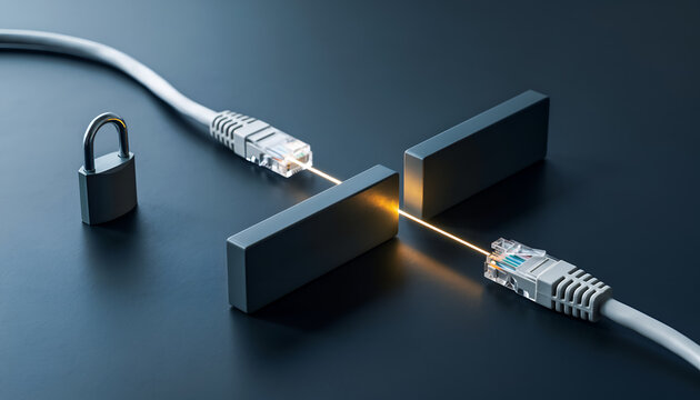 Network firewall and secure connection concept with ethernet cables and padlock, data transfer blocked by security barrier on dark background - Powered by Adobe