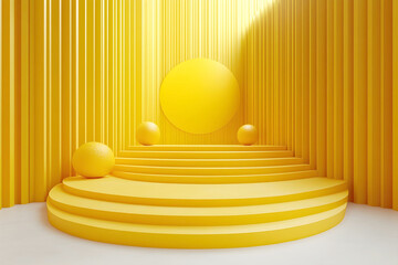 A vibrant, monochromatic yellow 3D scene features a tiered circular podium stage flanked by orange spheres, set against a backdrop of architectural vertical slats and a sun-like disk