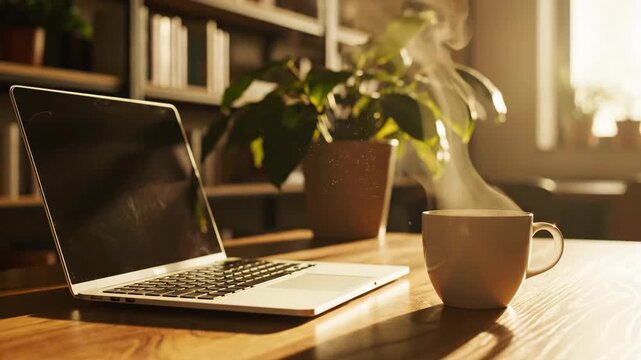 Laptop computer and steaming coffee cup on wooden desk bathed in golden sunlight, cozy home office environment for remote work