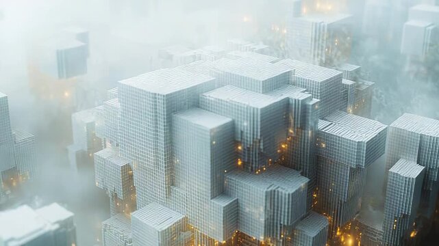 Abstract cityscape presenting geometric cuboid structures forming a data network, with glowing lights indicating vibrant activity and connection amidst a foggy digital cloud